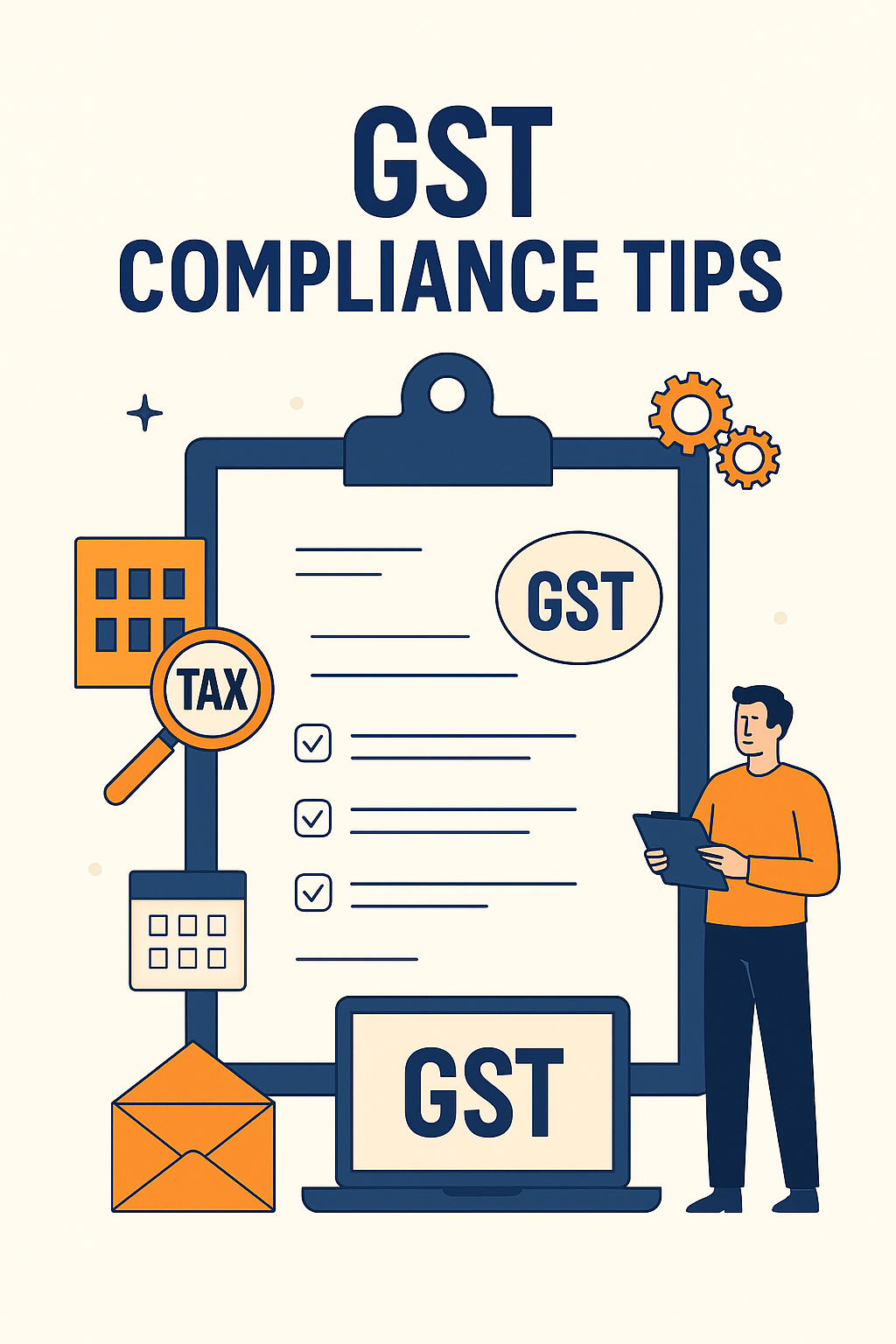 Flat-style digital illustration with the title “GST Compliance Tips” highlighting tax documents, charts, and digital tools.