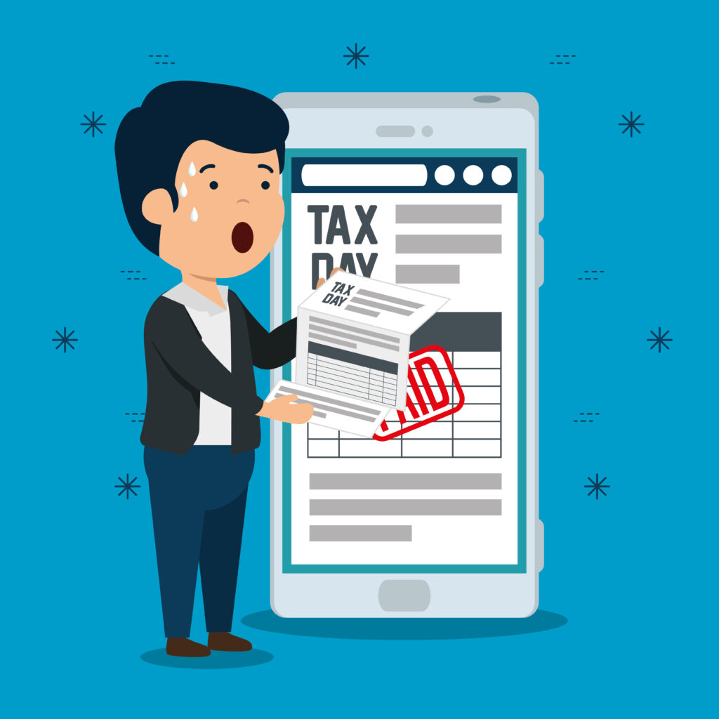 Man holding a tax form with a Tax Day reminder on screen in the background.